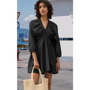 Women's Black 3/4 Sleeve V-neck 100% Cotton Ruched Tunic Mini Dress NWT Size S